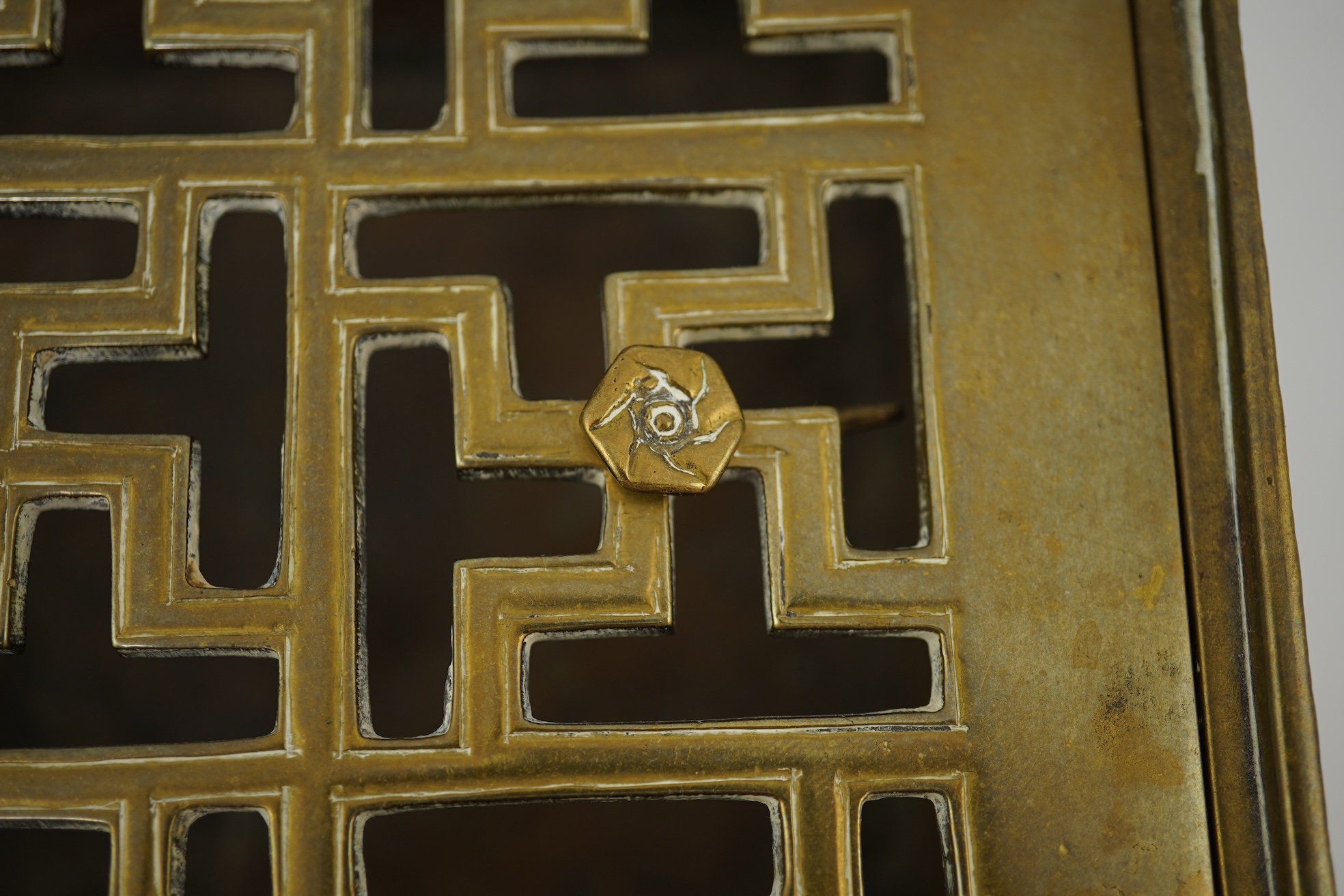 A large Chinese bronze rectangular censer and cover, Xuande seal mark, and a ‘plum blossom and chilong’ bronze censer, both 19th century